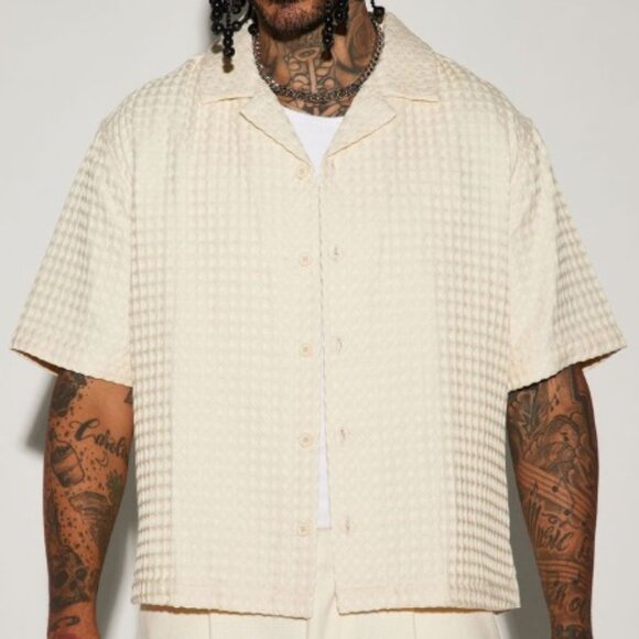 NWT Nova Men Textured Waffle Knit Shirt Men's Button Up Club 3D Boxy Miami M - Picture 1 of 8